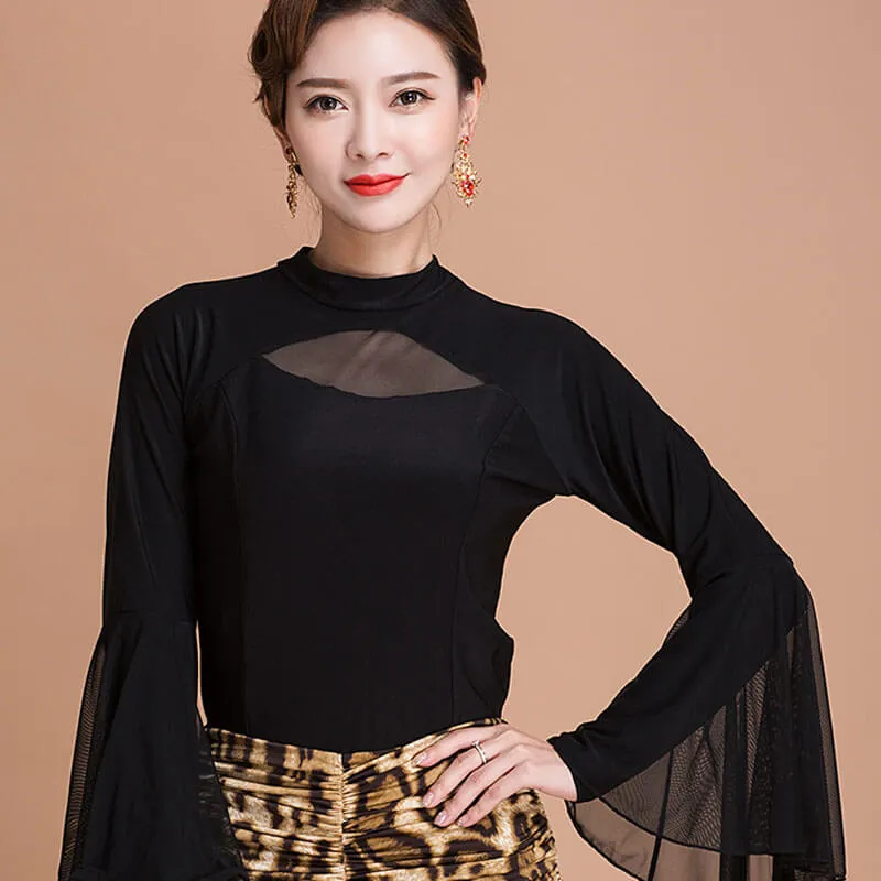 High Neck Puff Sleeve Latin/Ballroom Top with Fringing