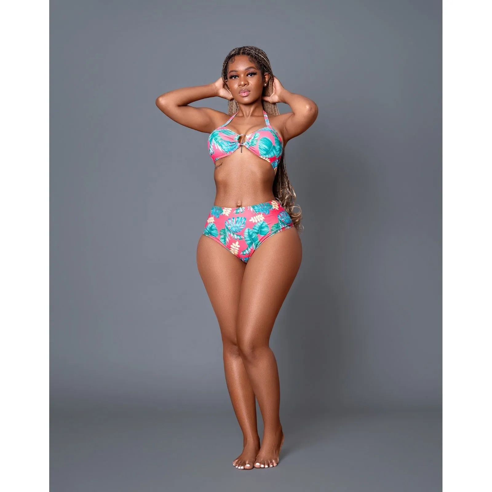 High Waist Contrast Color Floral Polyester Swimsuits Set.