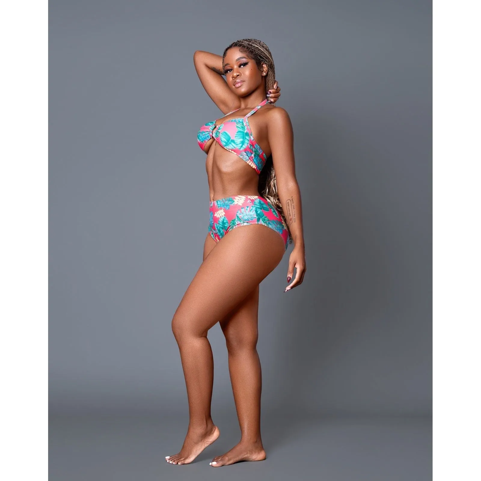 High Waist Contrast Color Floral Polyester Swimsuits Set.