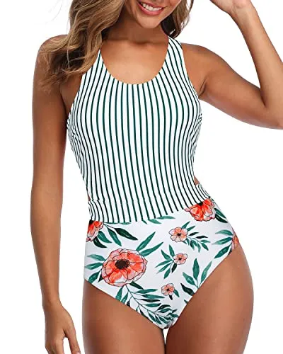 High Waist One Piece Tummy Control Cutout Swimsuits For Teen Girls-White Floral