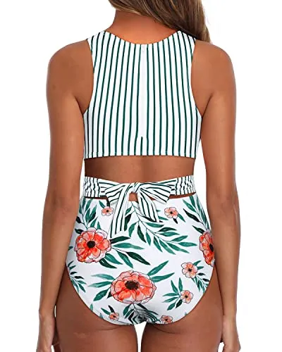 High Waist One Piece Tummy Control Cutout Swimsuits For Teen Girls-White Floral