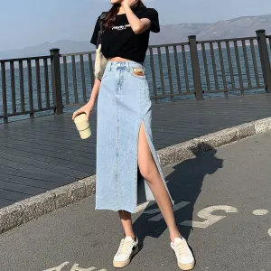 High Waist Side Split A-Line Denim Jeans Skirts