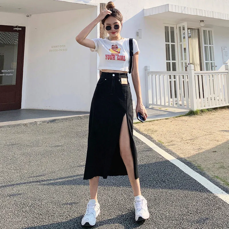 High Waist Side Split A-Line Denim Jeans Skirts