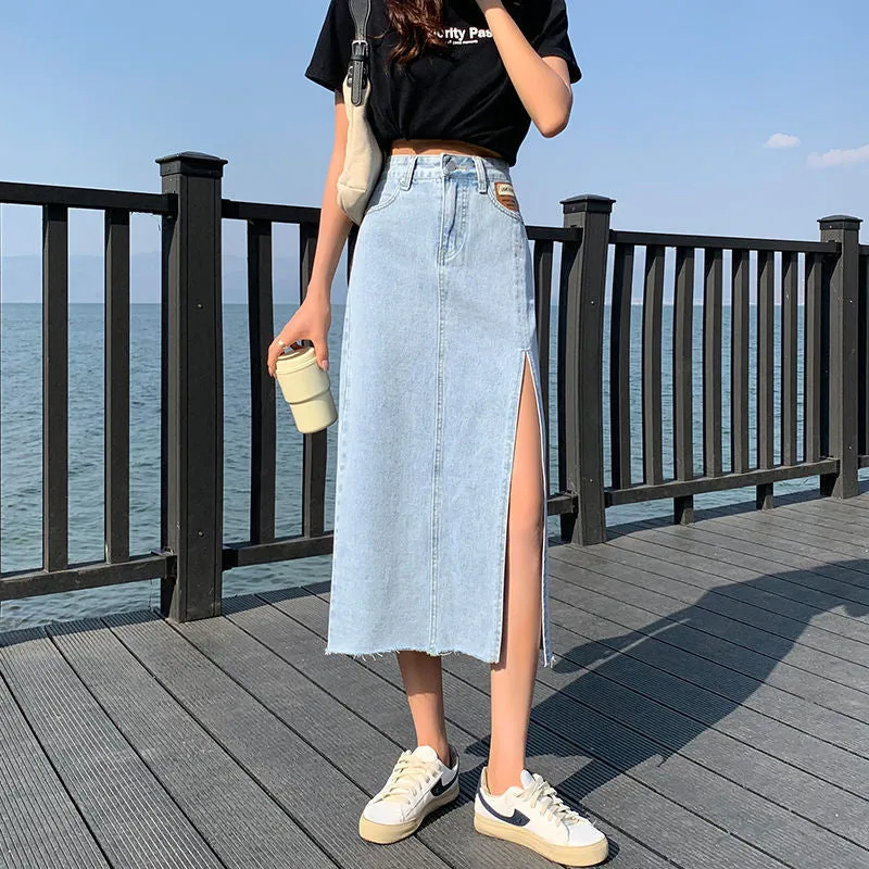 High Waist Side Split A-Line Denim Jeans Skirts