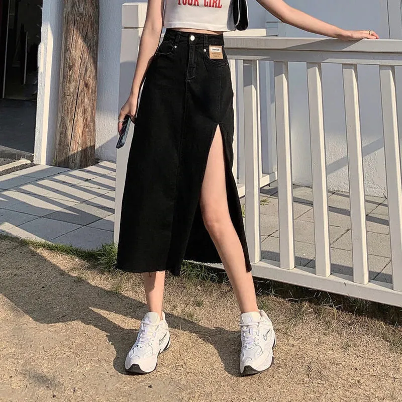 High Waist Side Split A-Line Denim Jeans Skirts