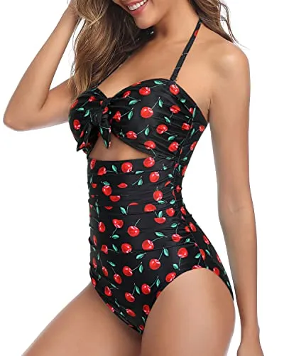 High Waisted Knot Bathing Suit Halter Backless One Piece Swimsuits-Black Cherry