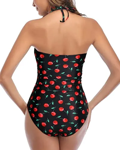High Waisted Knot Bathing Suit Halter Backless One Piece Swimsuits-Black Cherry