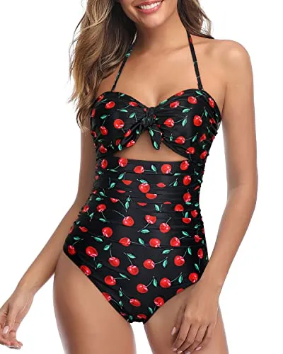 High Waisted Knot Bathing Suit Halter Backless One Piece Swimsuits-Black Cherry