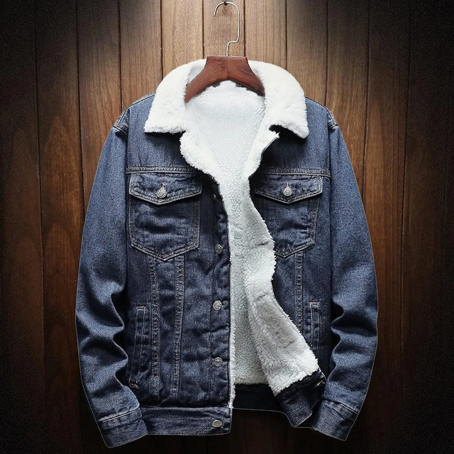 hlysgo Men's Lapel Sherpa Fleece Lined Thicken Denim Jean Trucker Jacket Coats Long Sleeve Slim Fit Casual Jean Jacket