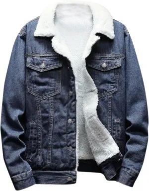 hlysgo Men's Lapel Sherpa Fleece Lined Thicken Denim Jean Trucker Jacket Coats Long Sleeve Slim Fit Casual Jean Jacket