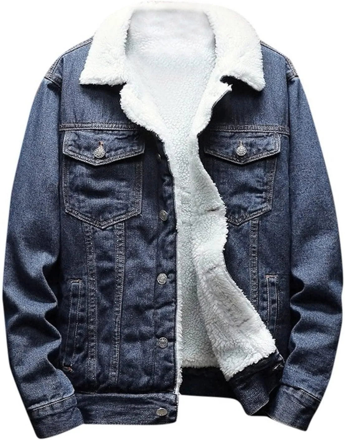 hlysgo Men's Lapel Sherpa Fleece Lined Thicken Denim Jean Trucker Jacket Coats Long Sleeve Slim Fit Casual Jean Jacket