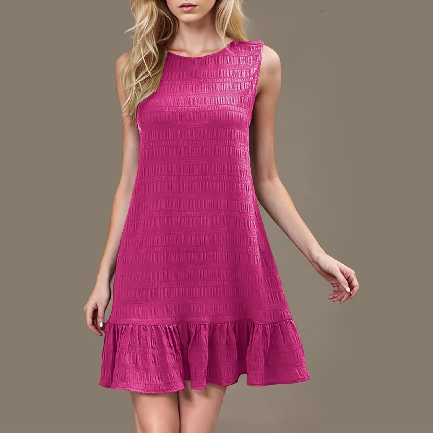 hlysgo Womens Summer Dresses 2025 Round Neck Sleeveless Sundresses Swimsuit Coverup Ruffle Hem Cute Mini Beach Dress