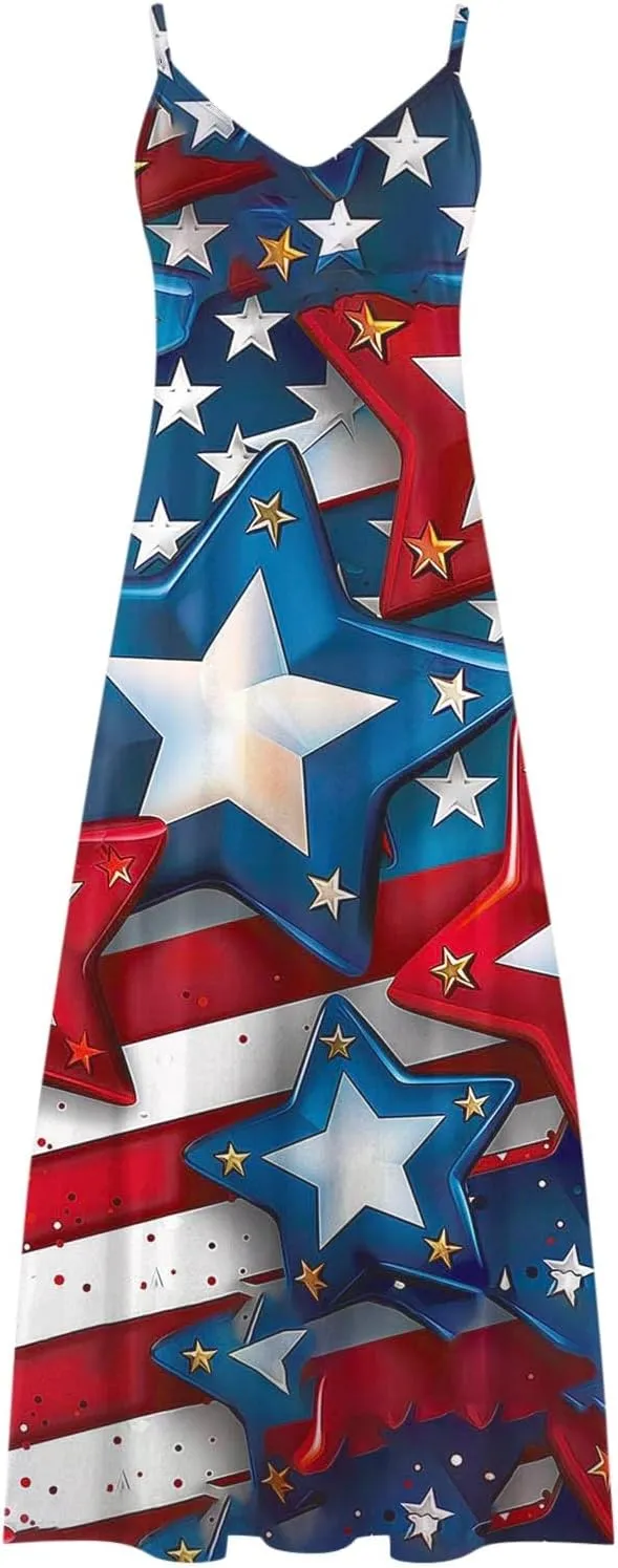 hlysgo Womens Summer Dresses 2025 Trendy Stars Stripes Sleeveless Spaghetti Straps Maxi Dress 4th of July Patriotic Sundress