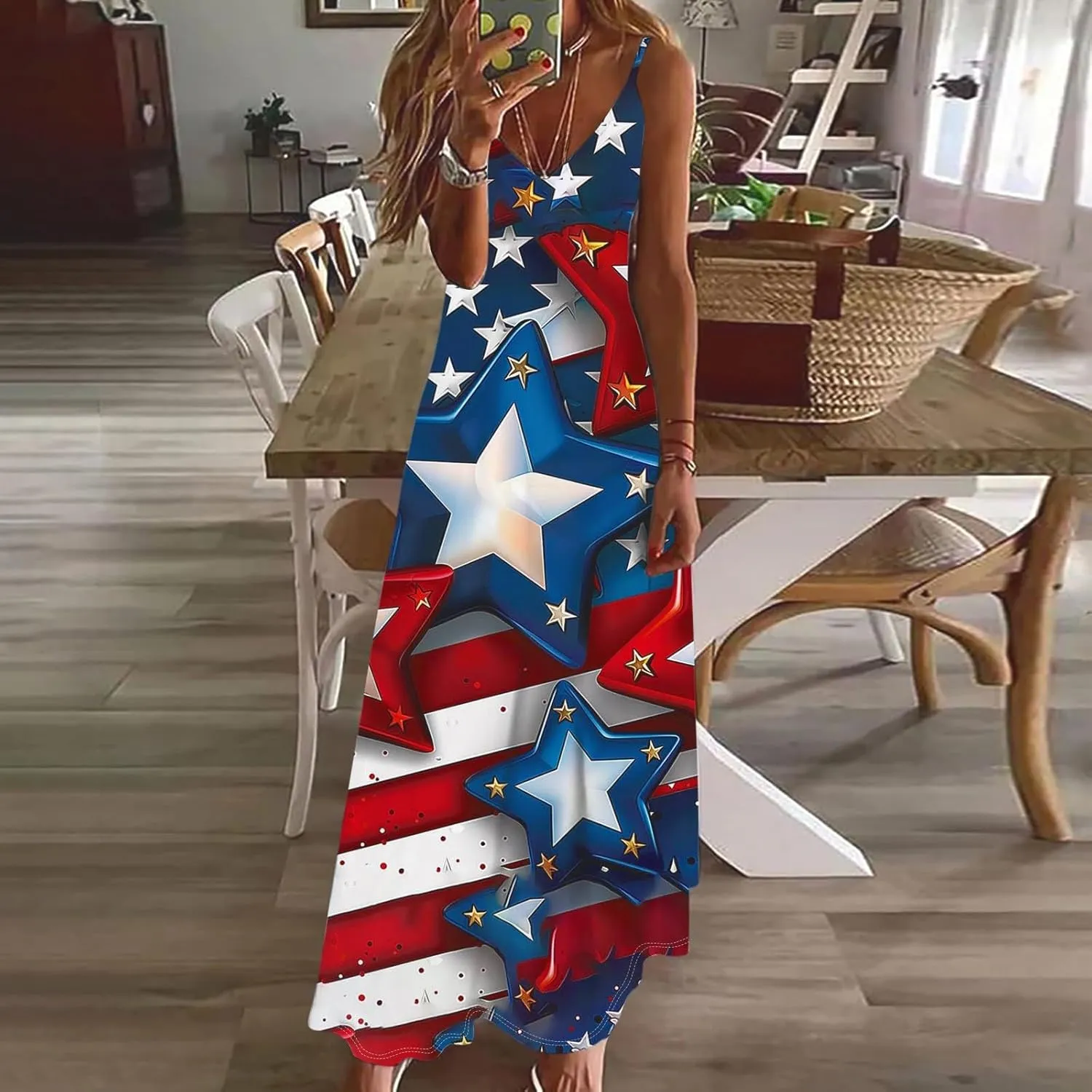hlysgo Womens Summer Dresses 2025 Trendy Stars Stripes Sleeveless Spaghetti Straps Maxi Dress 4th of July Patriotic Sundress