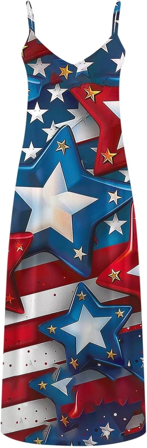 hlysgo Womens Summer Dresses 2025 Trendy Stars Stripes Sleeveless Spaghetti Straps Maxi Dress 4th of July Patriotic Sundress