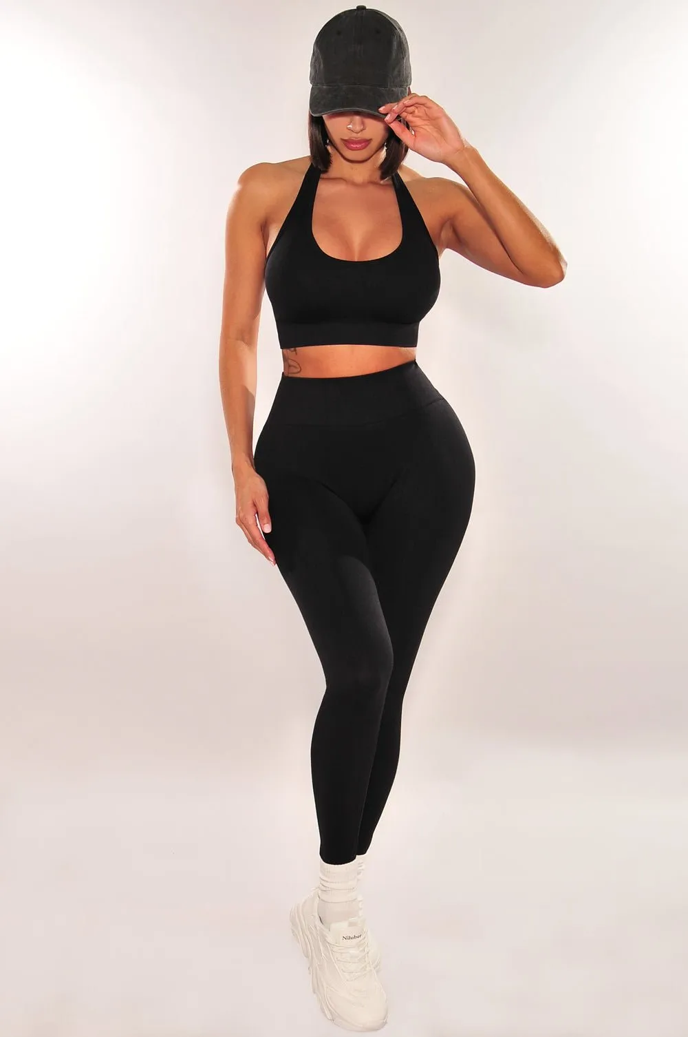 HMS Fit: Black Halter Padded Sports Bra High Waist Scrunch Butt Leggings Two Piece Set