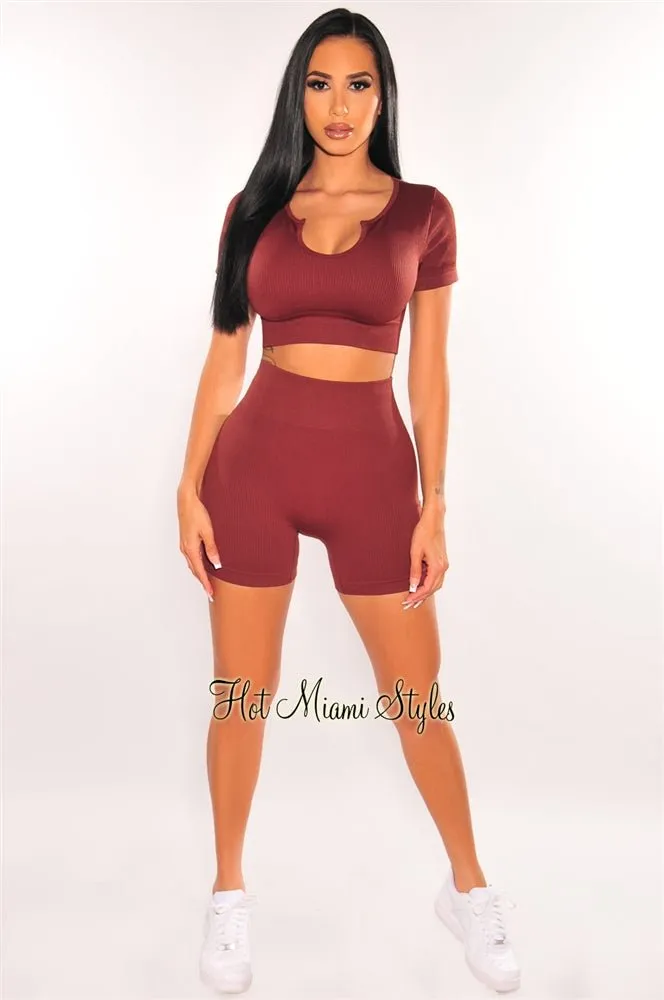 HMS Fit: Chocolate Ribbed Short Sleeve Biker Short Two Piece Set