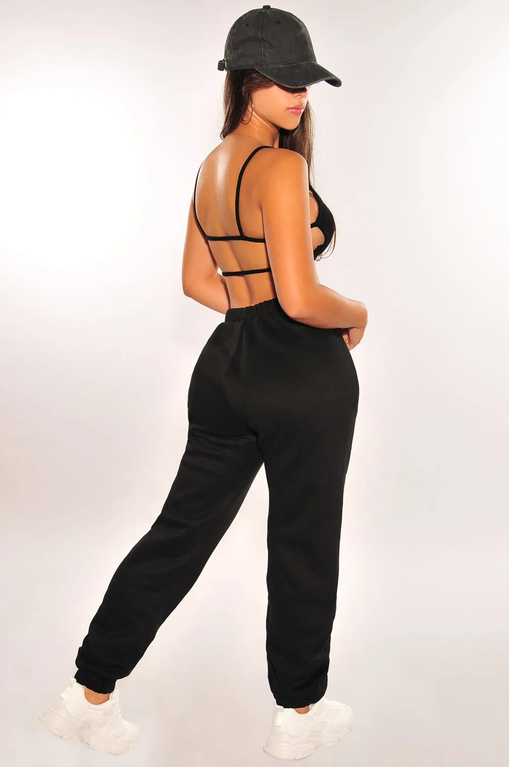 HMS Lounge: Black Ribbed Strappy Back Sweatpants Joggers Two Piece Set