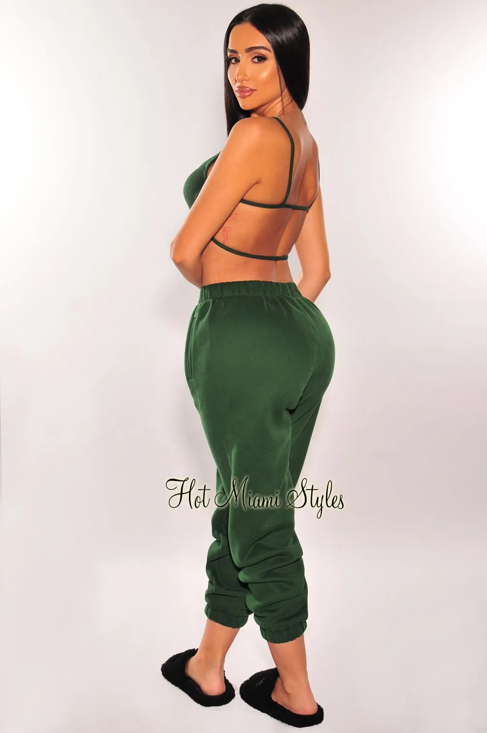 HMS Lounge: Hunter Green Ribbed Strappy Back Sweatpants Joggers Two Piece Set