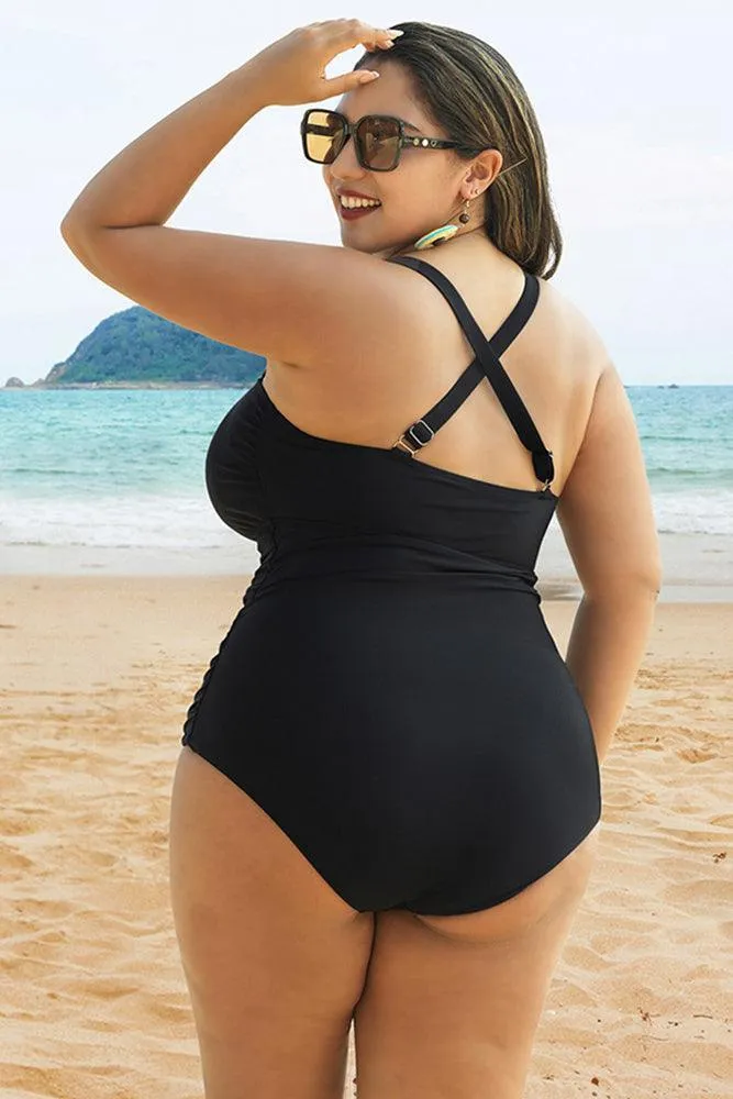 HN Purple Waves  Plus Size Hollowed-out Bathing Suit Cross Back Ruched Swimwear
