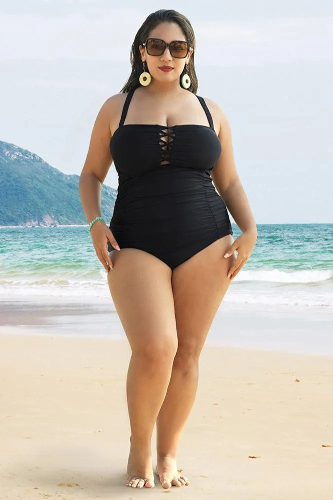 HN Purple Waves  Plus Size Hollowed-out Bathing Suit Cross Back Ruched Swimwear