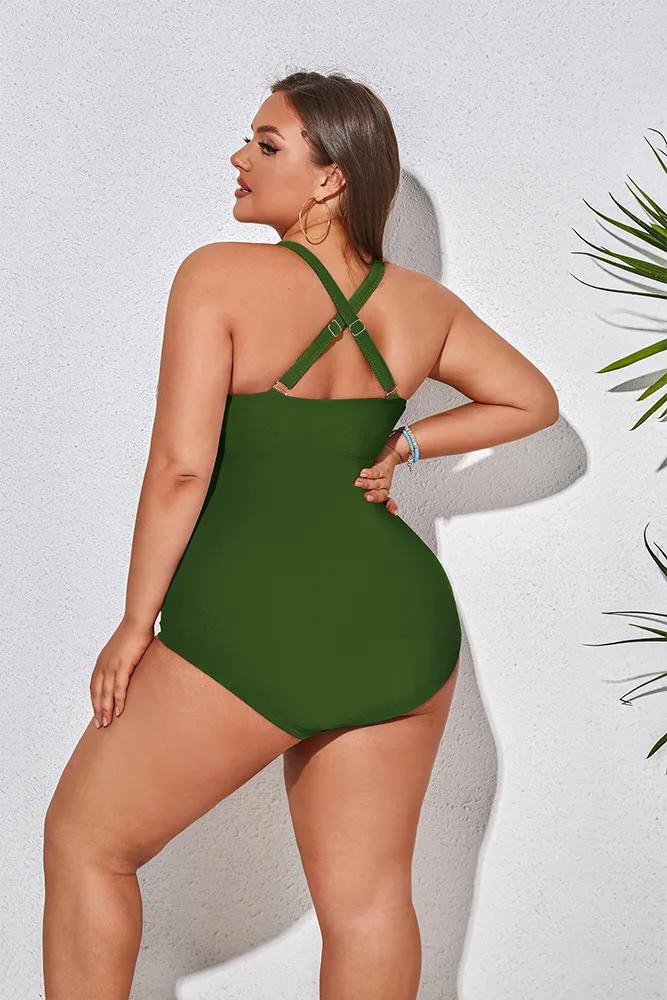 HN Purple Waves  Plus Size Hollowed-out Bathing Suit Cross Back Ruched Swimwear