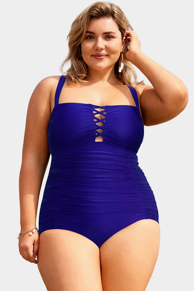 HN Purple Waves  Plus Size Hollowed-out Bathing Suit Cross Back Ruched Swimwear
