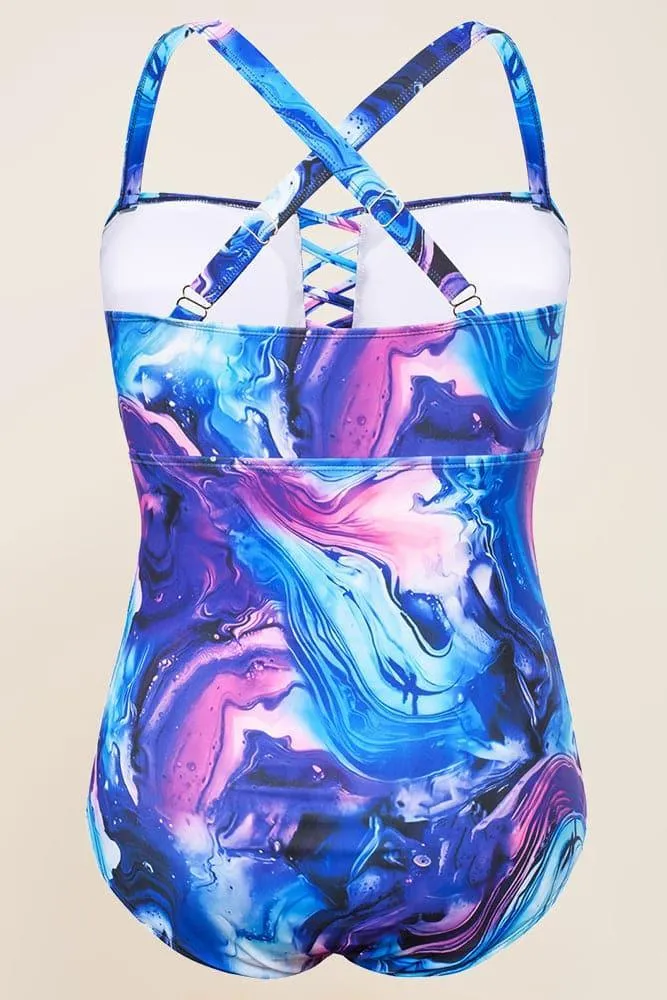 HN Purple Waves  Plus Size Hollowed-out Bathing Suit Cross Back Ruched Swimwear