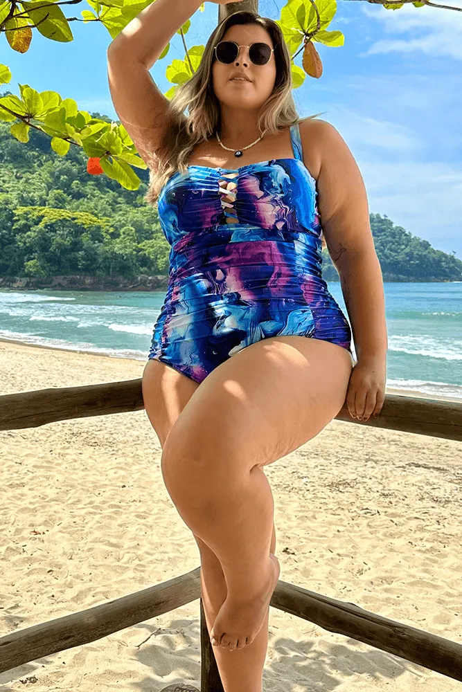 HN Purple Waves  Plus Size Hollowed-out Bathing Suit Cross Back Ruched Swimwear