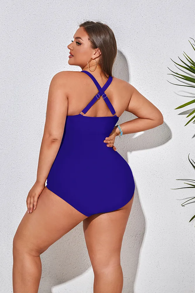 HN Purple Waves  Plus Size Hollowed-out Bathing Suit Cross Back Ruched Swimwear