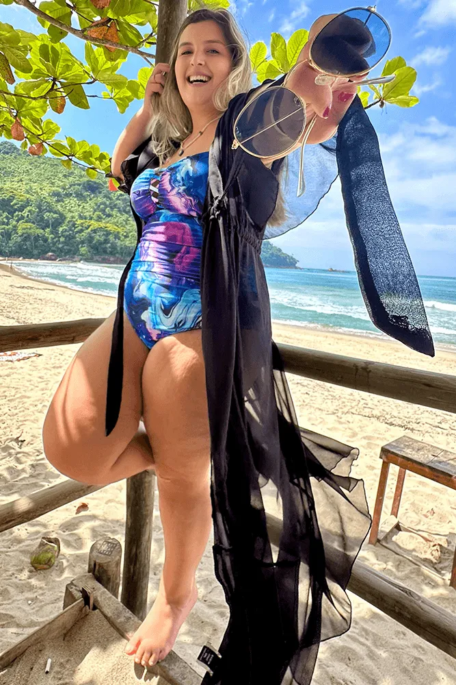 HN Purple Waves  Plus Size Hollowed-out Bathing Suit Cross Back Ruched Swimwear
