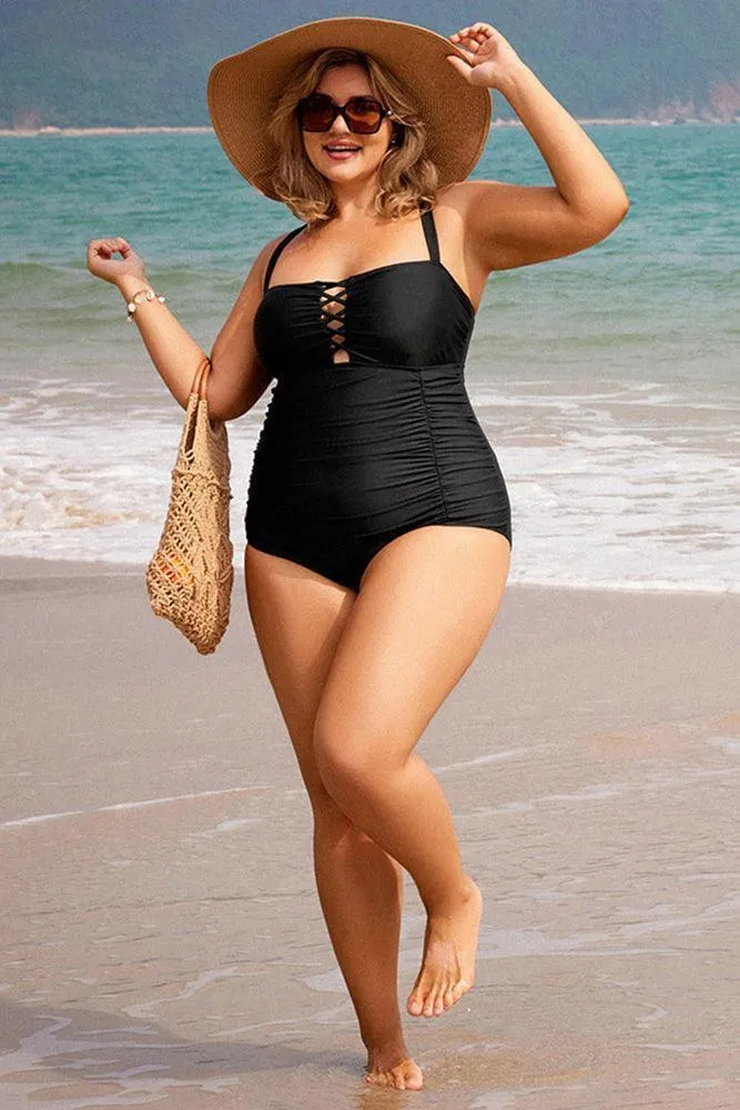 HN Purple Waves  Plus Size Hollowed-out Bathing Suit Cross Back Ruched Swimwear