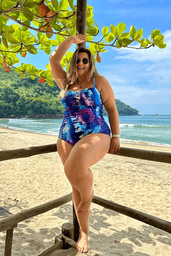 HN Purple Waves  Plus Size Hollowed-out Bathing Suit Cross Back Ruched Swimwear