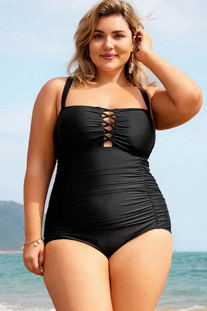 HN Purple Waves  Plus Size Hollowed-out Bathing Suit Cross Back Ruched Swimwear