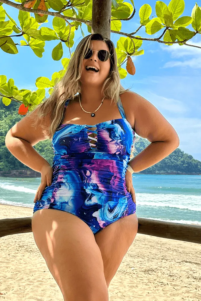 HN Purple Waves  Plus Size Hollowed-out Bathing Suit Cross Back Ruched Swimwear