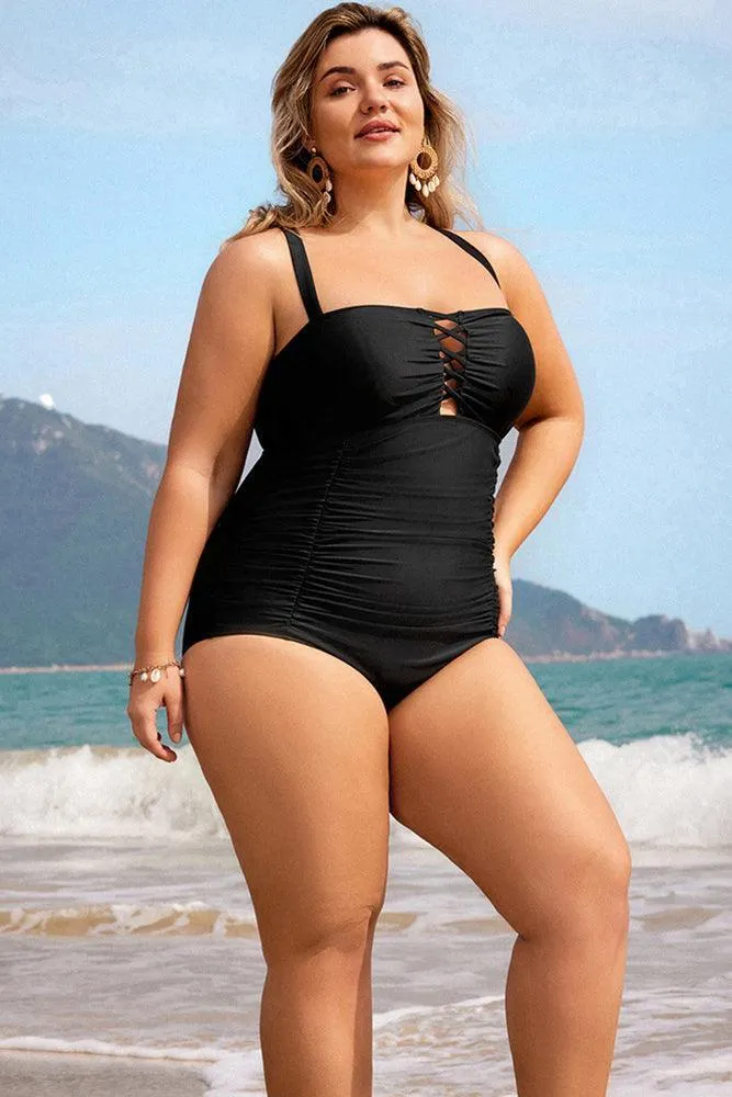 HN Purple Waves  Plus Size Hollowed-out Bathing Suit Cross Back Ruched Swimwear