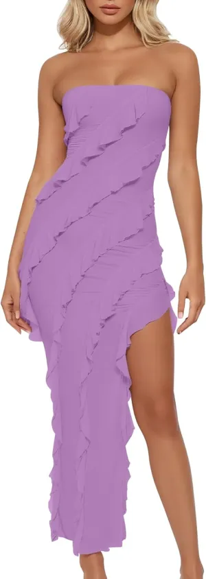 HOCILLE Women's Sexy Strapless Tube Bodycon Ruffle Split Long Cocktail Party Dresses