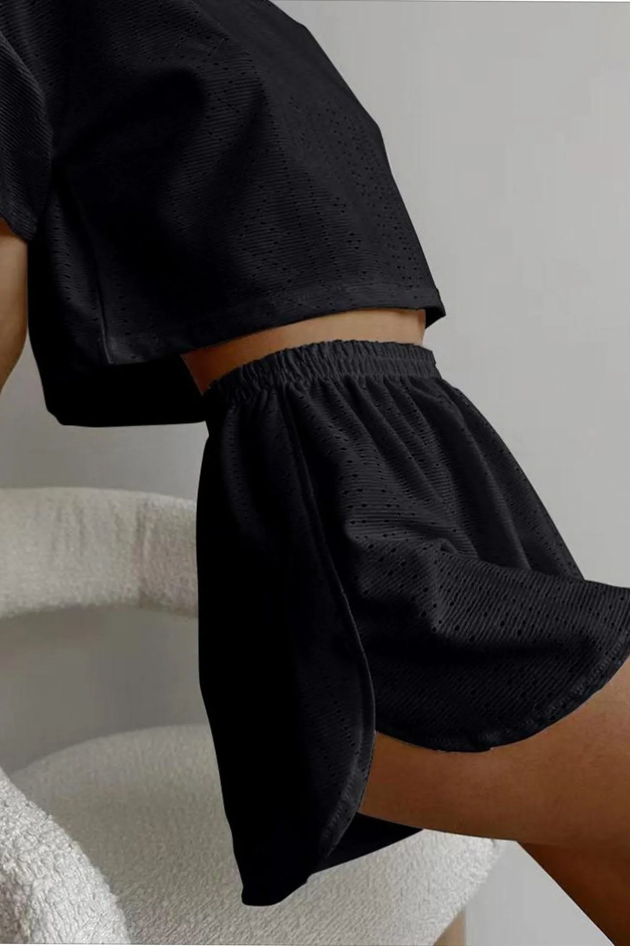 Hollow Short Sleeve Crop Top Shorts Set