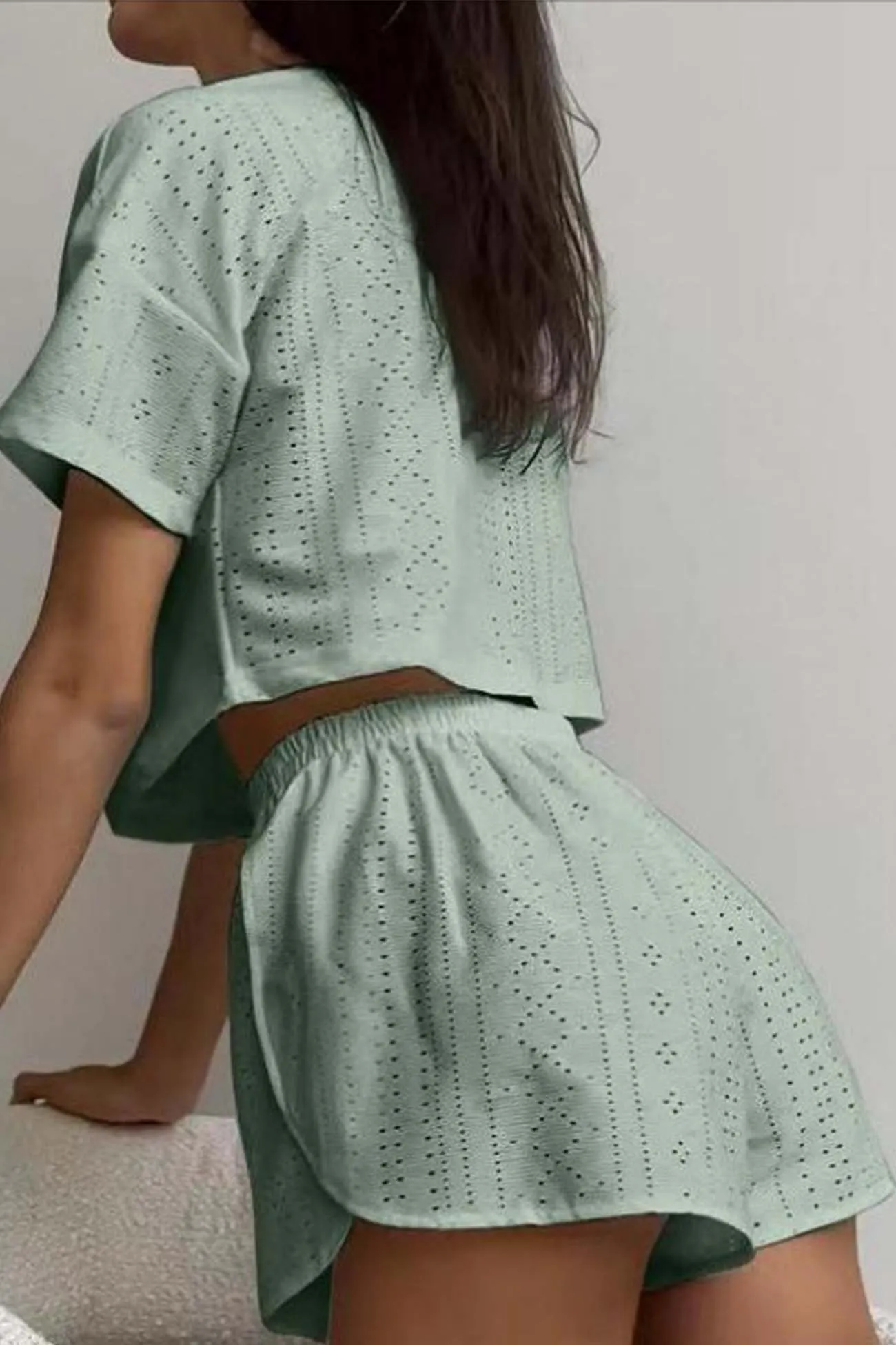 Hollow Short Sleeve Crop Top Shorts Set