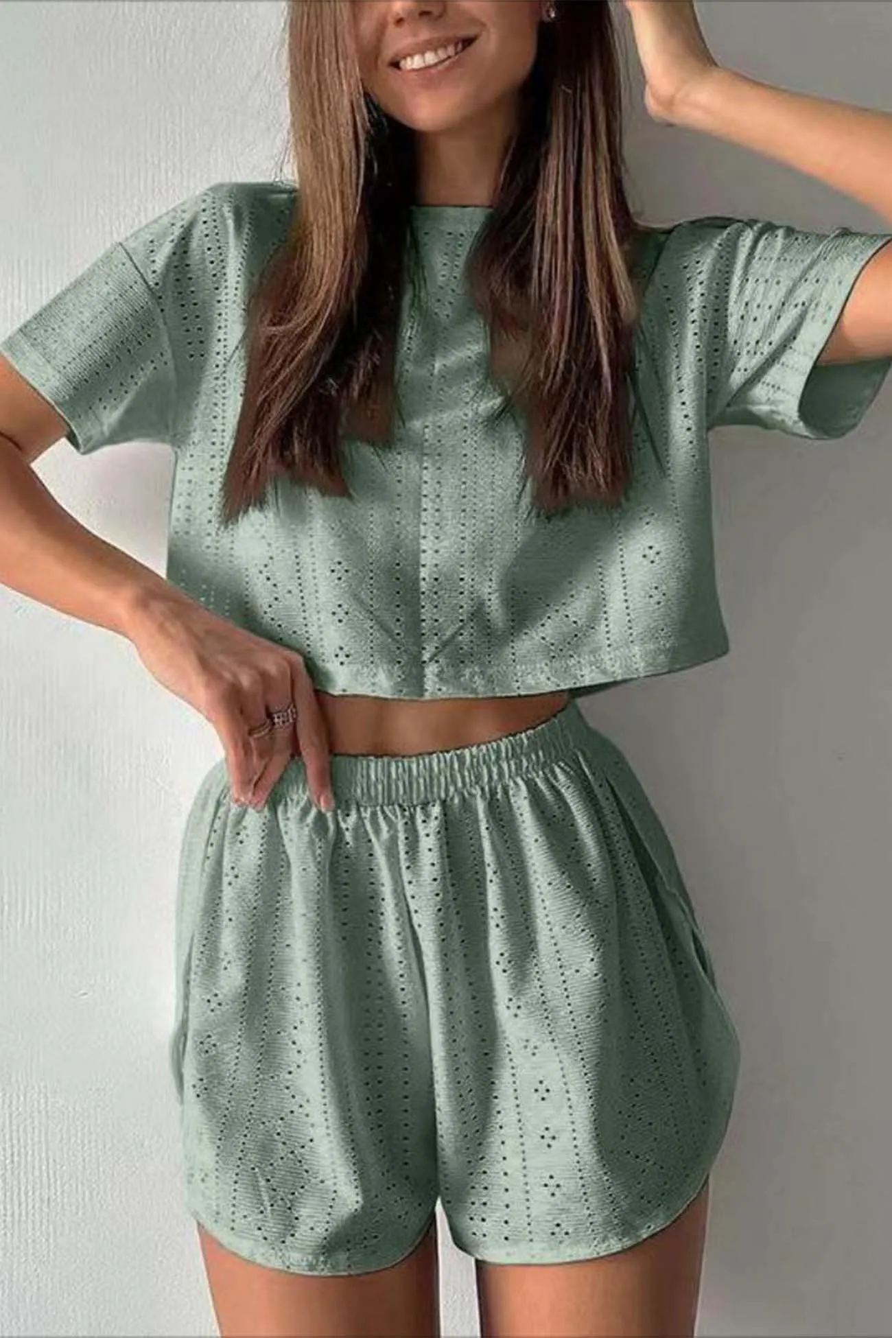 Hollow Short Sleeve Crop Top Shorts Set