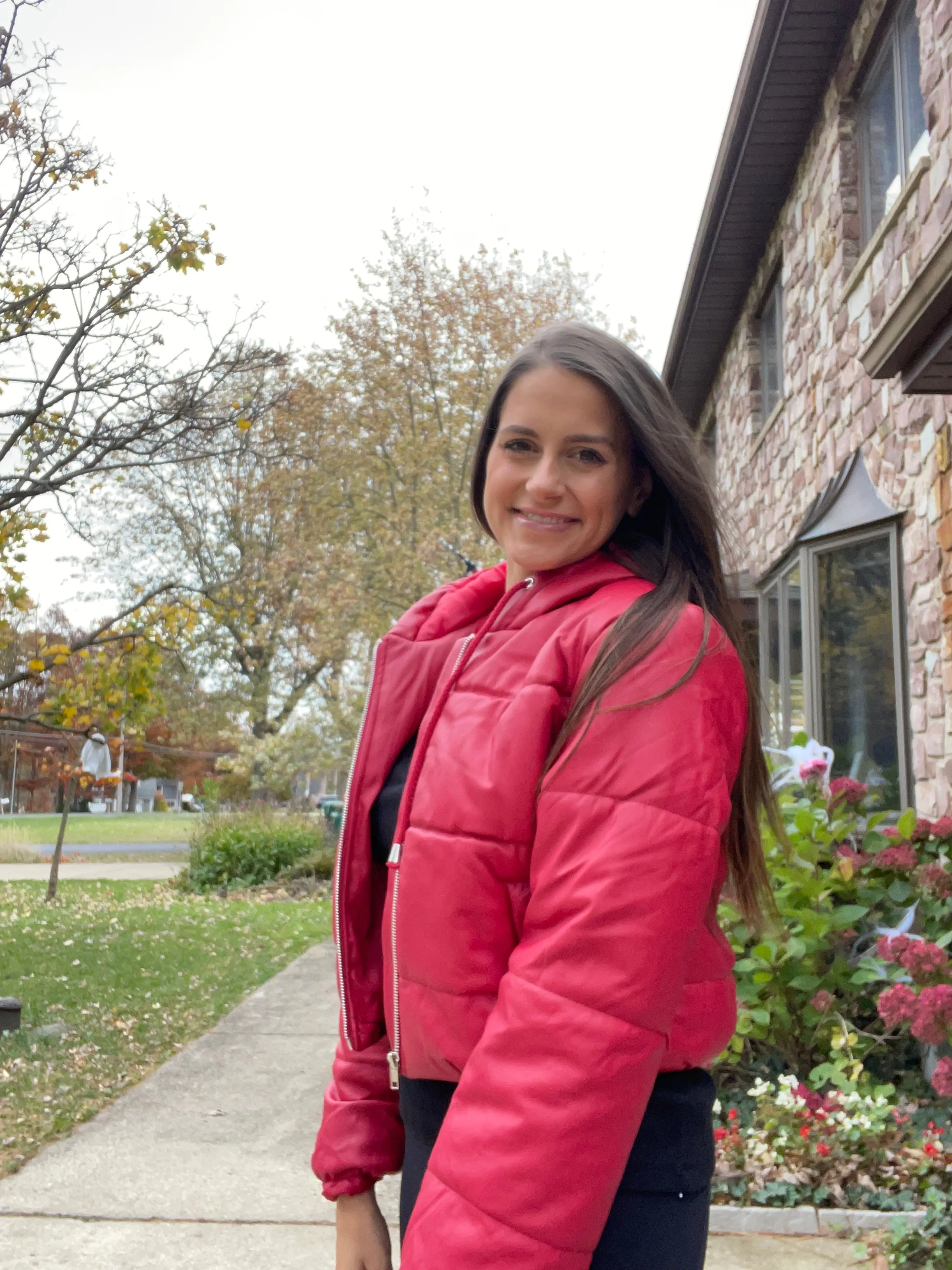 Hooded Red Faux Leather Puffer Jacket