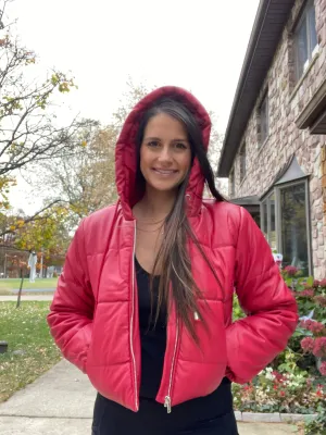 Hooded Red Faux Leather Puffer Jacket