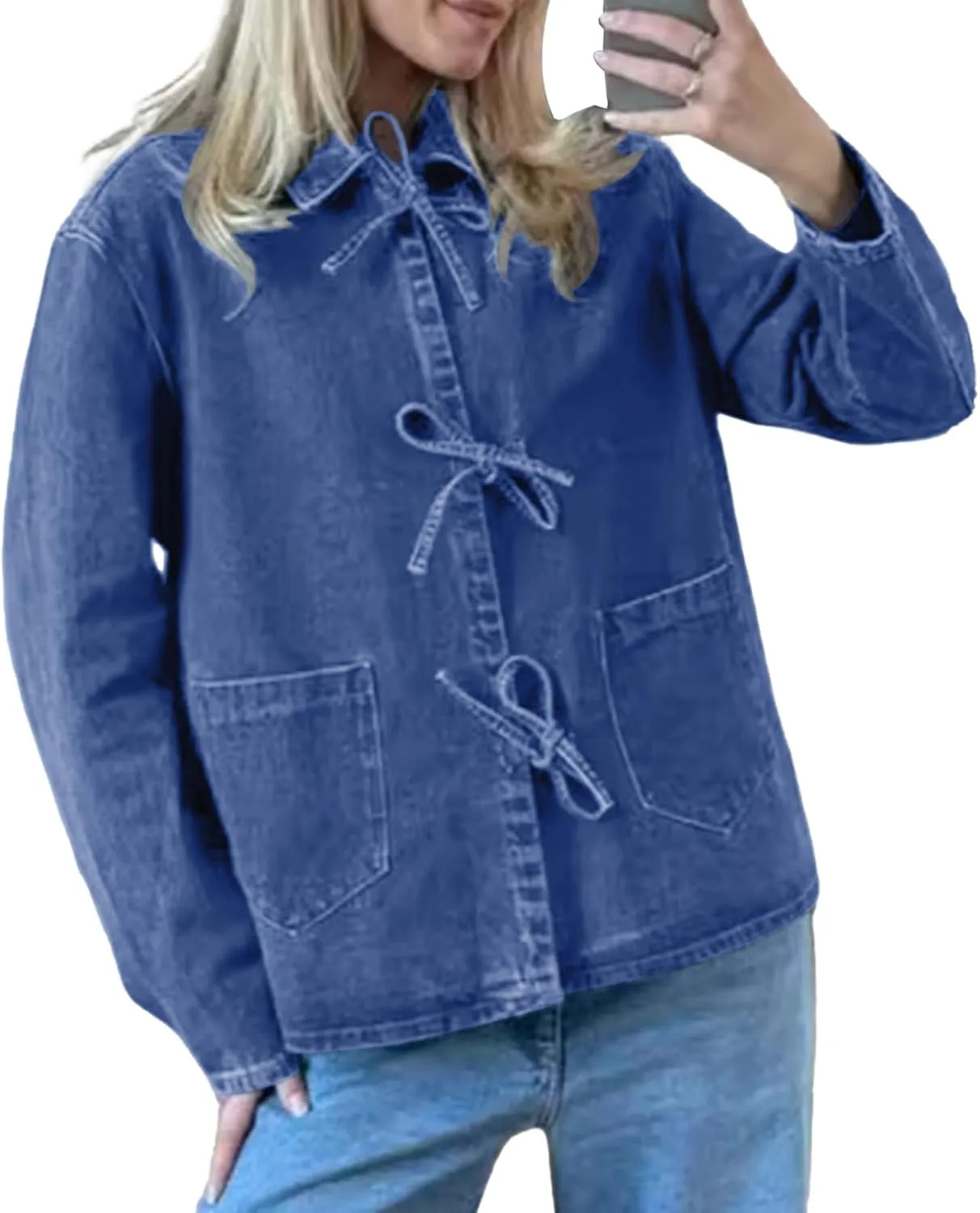 HOTIAN Women's Tie Front Denim Jacket Y2k Jean Biker Jacket Coat Trucker Jacket Vintage Shacket 2024 Fall Outfits