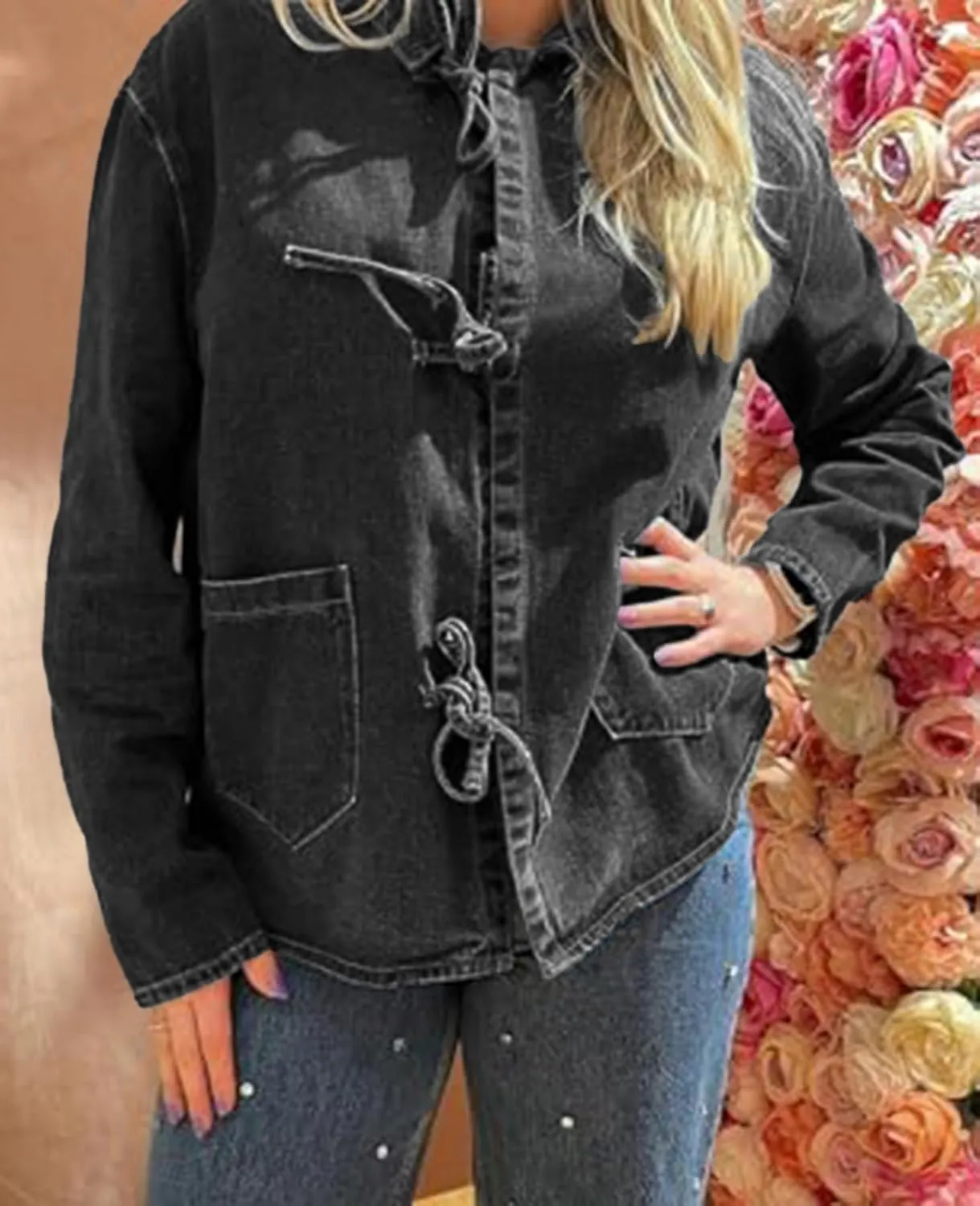 HOTIAN Women's Tie Front Denim Jacket Y2k Jean Biker Jacket Coat Trucker Jacket Vintage Shacket 2024 Fall Outfits