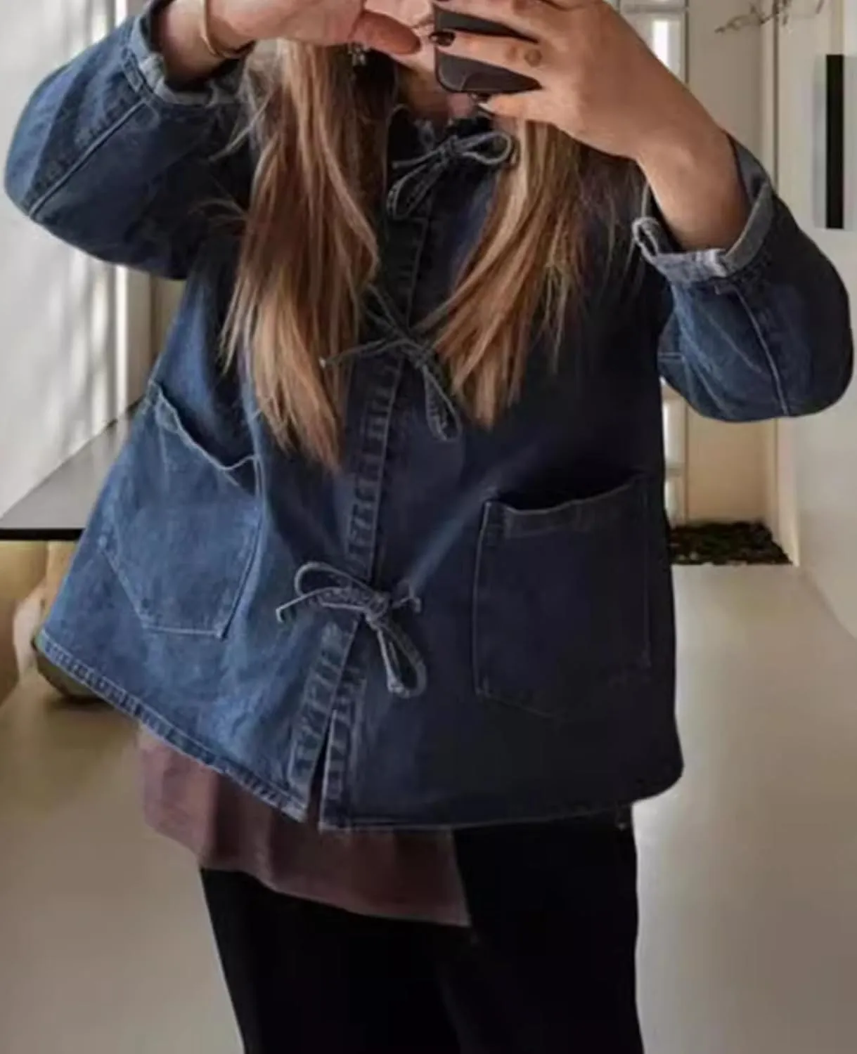 HOTIAN Women's Tie Front Denim Jacket Y2k Jean Biker Jacket Coat Trucker Jacket Vintage Shacket 2024 Fall Outfits