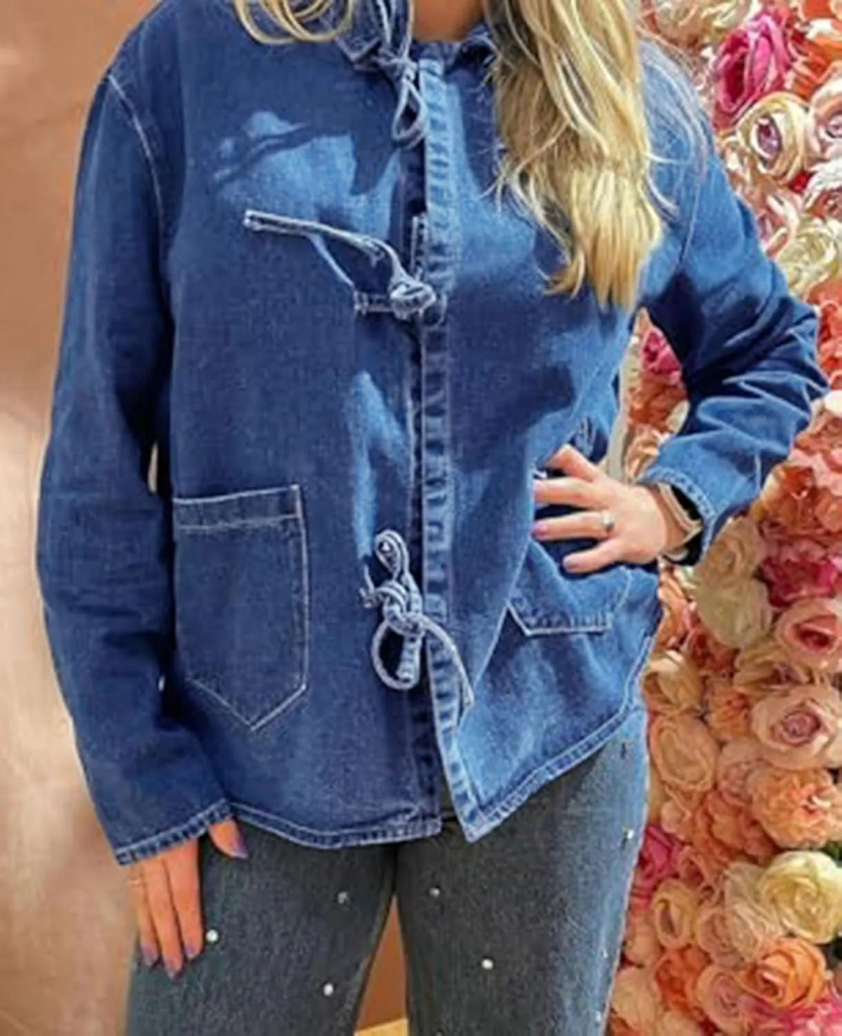 HOTIAN Women's Tie Front Denim Jacket Y2k Jean Biker Jacket Coat Trucker Jacket Vintage Shacket 2024 Fall Outfits