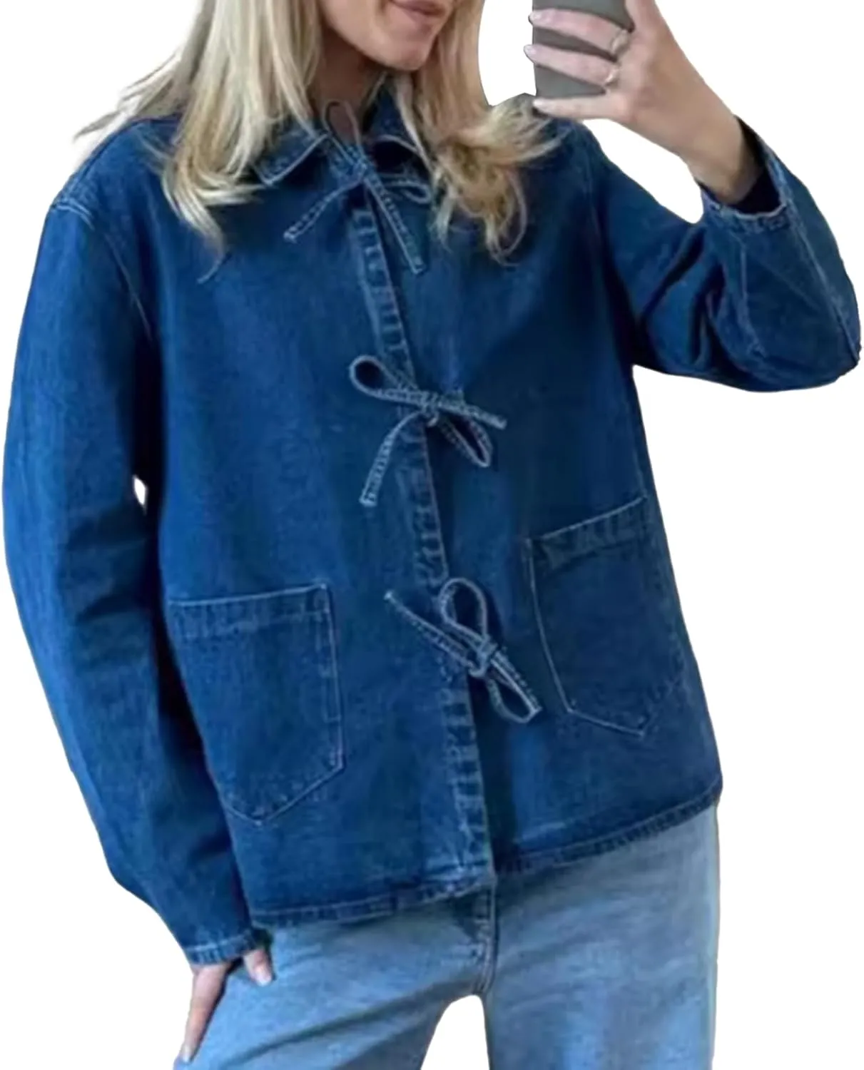 HOTIAN Women's Tie Front Denim Jacket Y2k Jean Biker Jacket Coat Trucker Jacket Vintage Shacket 2024 Fall Outfits