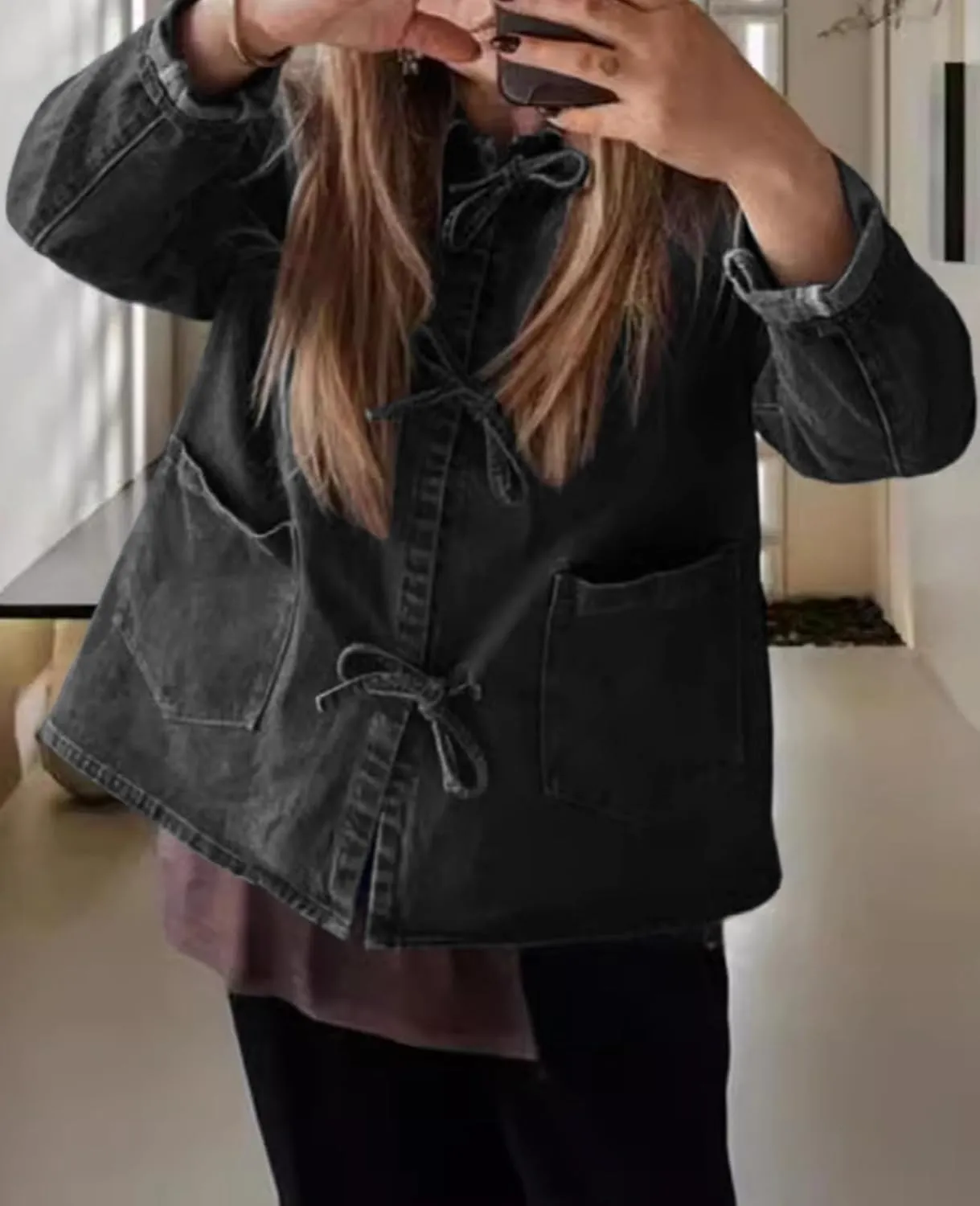 HOTIAN Women's Tie Front Denim Jacket Y2k Jean Biker Jacket Coat Trucker Jacket Vintage Shacket 2024 Fall Outfits