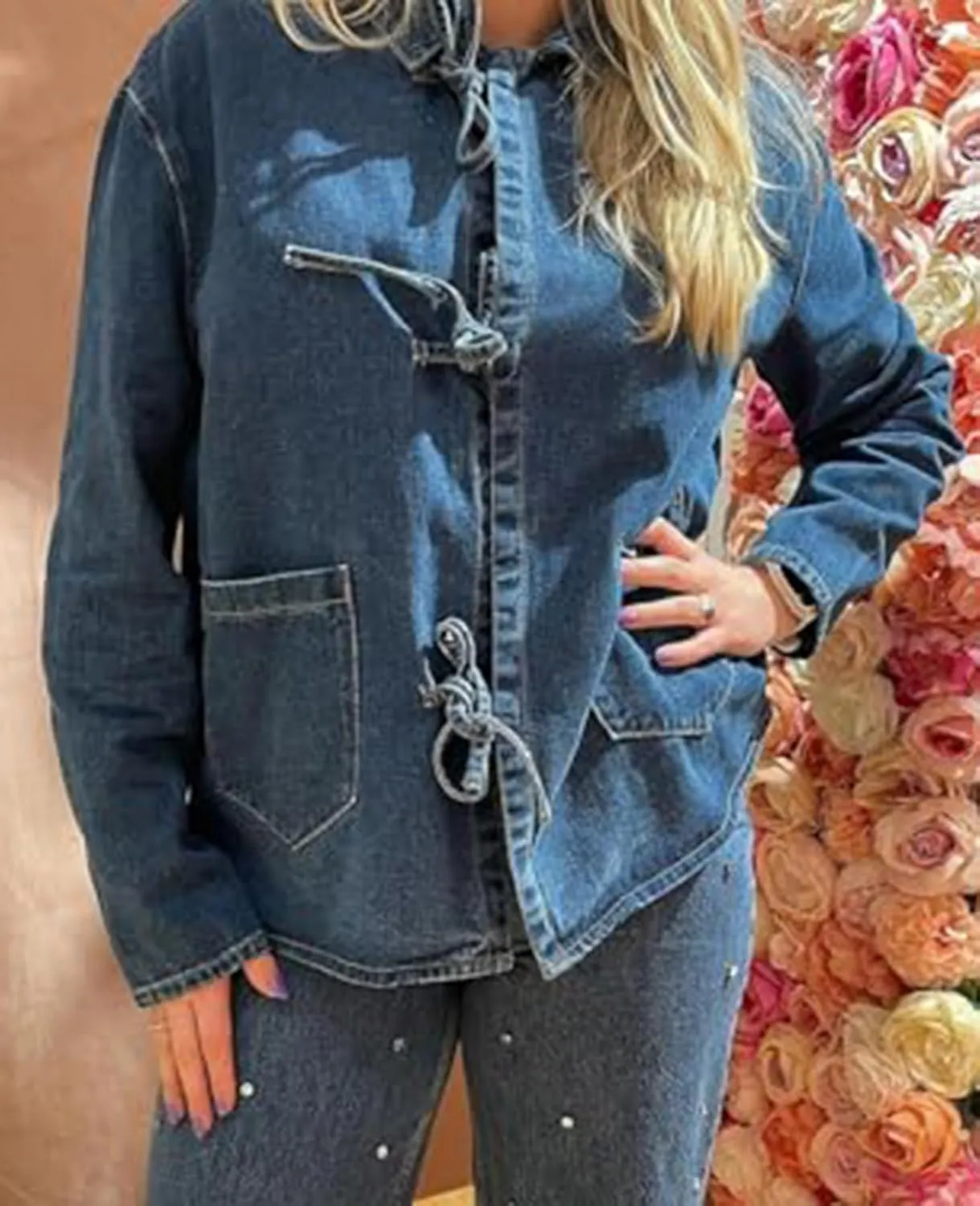 HOTIAN Women's Tie Front Denim Jacket Y2k Jean Biker Jacket Coat Trucker Jacket Vintage Shacket 2024 Fall Outfits