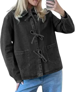 HOTIAN Women's Tie Front Denim Jacket Y2k Jean Biker Jacket Coat Trucker Jacket Vintage Shacket 2024 Fall Outfits